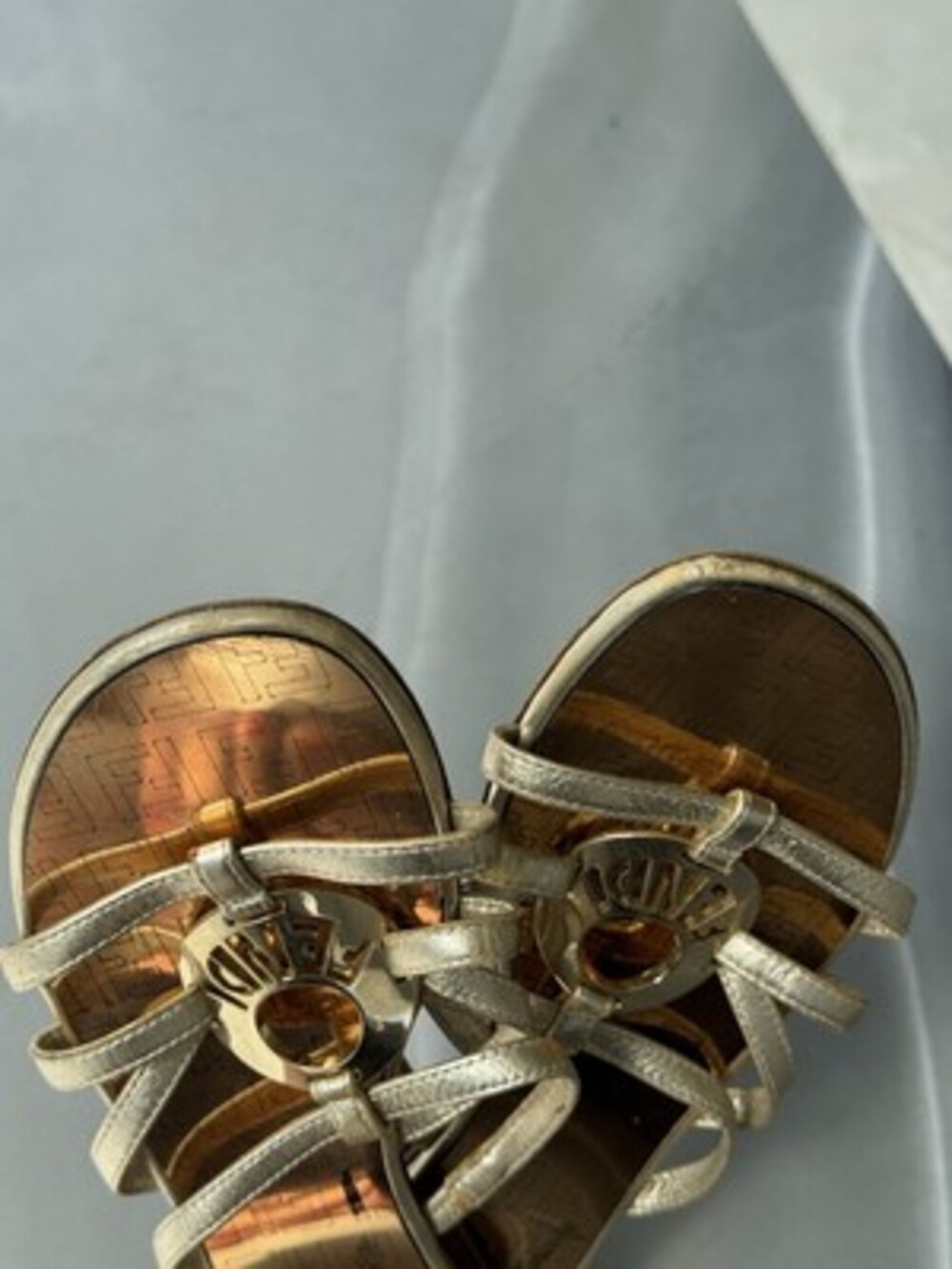 Vintage FENDI GOLD Round LOGO Strappy Flat Sandals Size 37 Metallic USA 7 - Picture 10 of 11